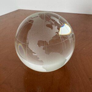 Vintage Etched Glass Globe Paperweight, Frosted Continent Clear Desk Globe